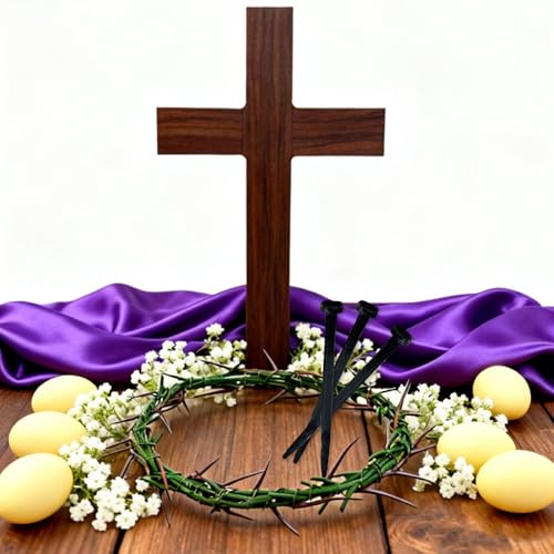 MLOLM Easter Standing Cross Decor with Purple Scarf & Thorn Crown and 3Pcs Crucifixion Nails-Wooden Tabletop Cross with Base for Church, Baptism, Home Altar Religious Easter - Image 3