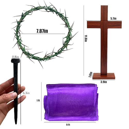 MLOLM Easter Standing Cross Decor with Purple Scarf & Thorn Crown and 3Pcs Crucifixion Nails-Wooden Tabletop Cross with Base for Church, Baptism, Home Altar Religious Easter - Image 2