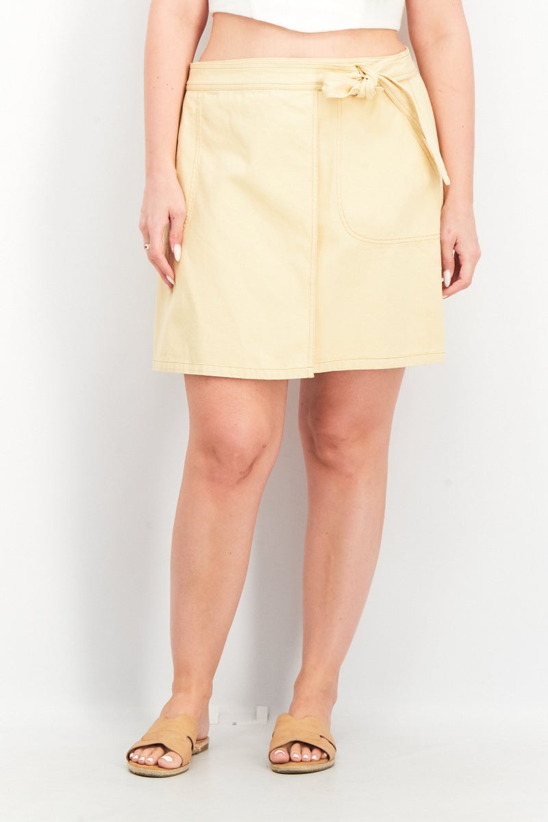 WHISTLES Women Solid Denim Wrap Mini Skirt, Yellow - Image 1