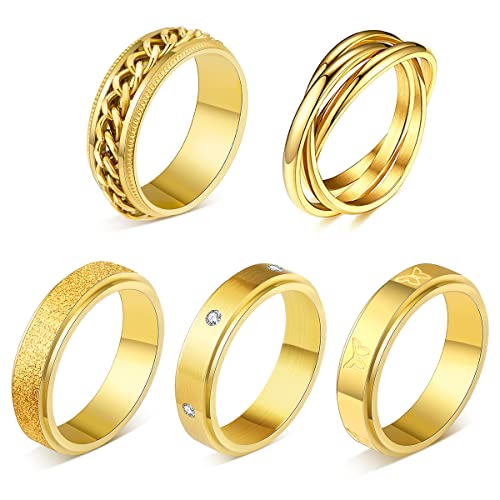 MOROYA 5PCS 18K Gold Plated Fidget Rings for Anxiety Stainless Steel Butterfly Chain CZ Inlaid Spinner Rings for Women Men Anti Anxiety Ring Band Set - Image 1