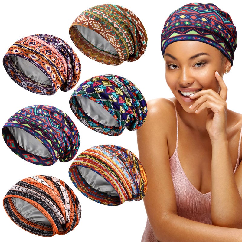 Sintege 6 Pcs Satin Lined Bonnet Sleep Chemo Hat Stretch Cancer Cap for Women Men Cancer Patient African Silk Soft Beanie(Vintage Patterns) - Image 1