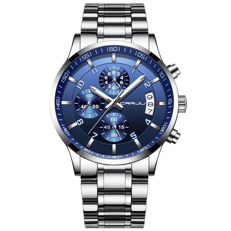 CRRJU Men's Luxury Wristwatches,Fashion Stainsteel Steel Waterproof Date Quartz Watch for Men Six-pin Chronograph Watch (Silver Blue) - Image 1