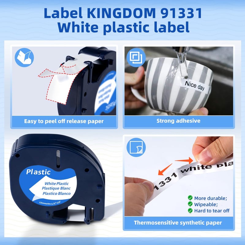 Label KINGDOM 3 Pack 91331 White Plastic Label Compatible with DYMO Letratag Label Maker Tape Refills for Letra Tag 200B, 100H 100T, 1/2" x 13'(12mm x 4m) Black on White - Image 4