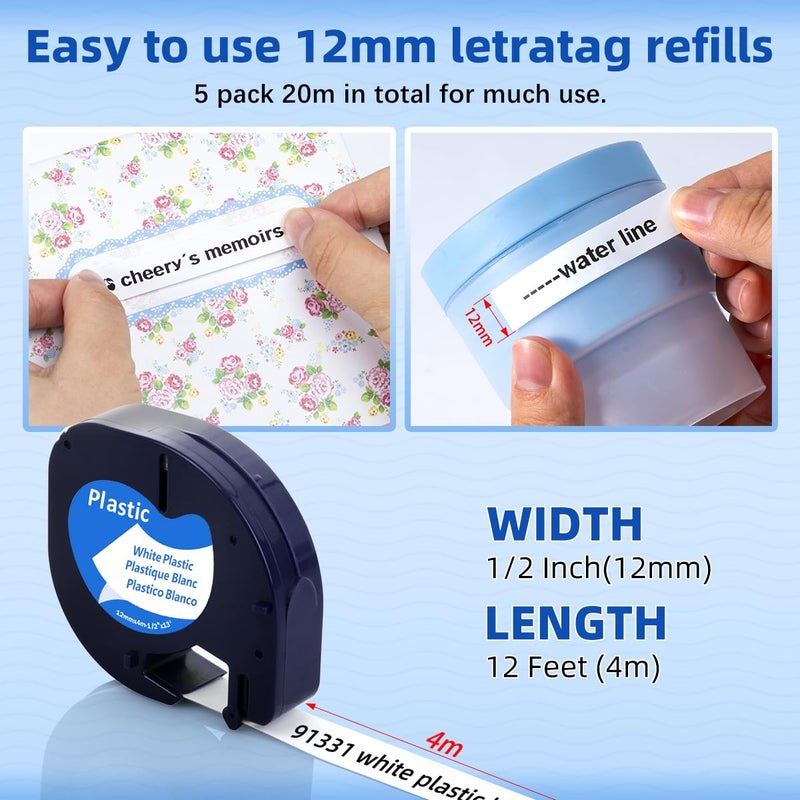 Label KINGDOM 3 Pack 91331 White Plastic Label Compatible with DYMO Letratag Label Maker Tape Refills for Letra Tag 200B, 100H 100T, 1/2" x 13'(12mm x 4m) Black on White - Image 2