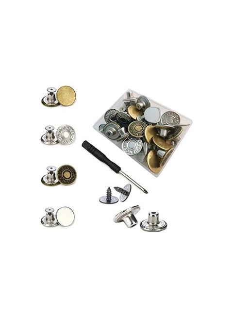 Set of 15 to 20 buttons, brass button replacement set with screws and metal base in a plastic storage box, random shapes and multi-colors