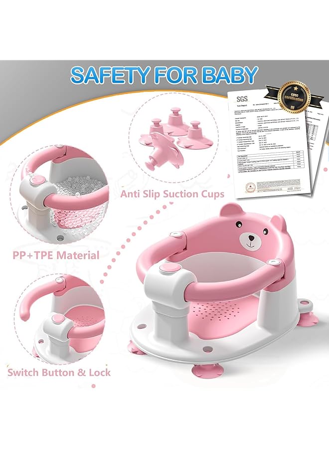 TNTAIAHL Baby Bath Seat For Babies 6 Months & Up Toddler Bath Seats For Babies Sitting Up Non Slip Infant Bath Tub Chair With 4 Suction Cups & Soft Cushion For Shower Compact Toddler Bathtub Seat (Pink) - Image 5