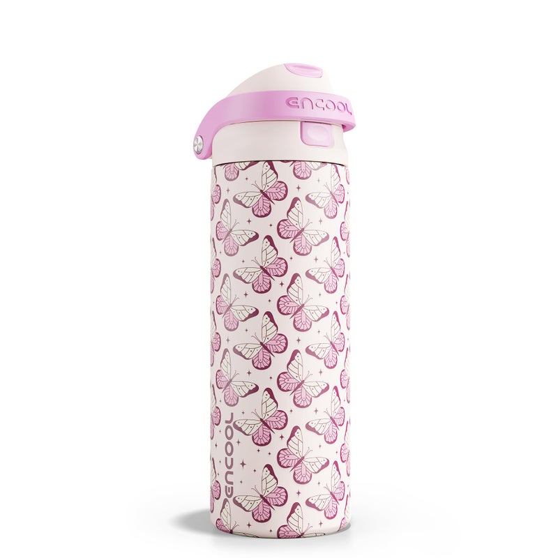 ENCOOL Leakproof Insulated Water Bottle with Straw Dual-Sip Water Bottle Bag-Safe Design for Work, Commute & Gym â€“ Keeps Drinks Cold All Day, 24 oz, Blush Butterfly - Image 1