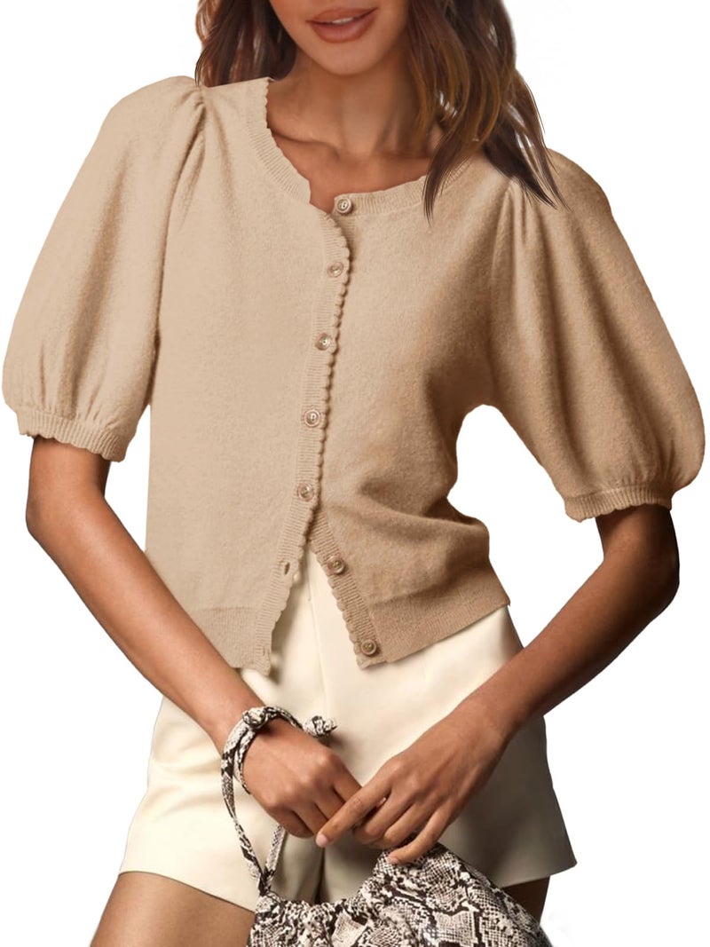 Saodimallsu Womens Puff Short Sleeve Cardigan Lightweight Summer Button Down Shirts Knit Crew Neck Sweater Tops Khaki - Image 1