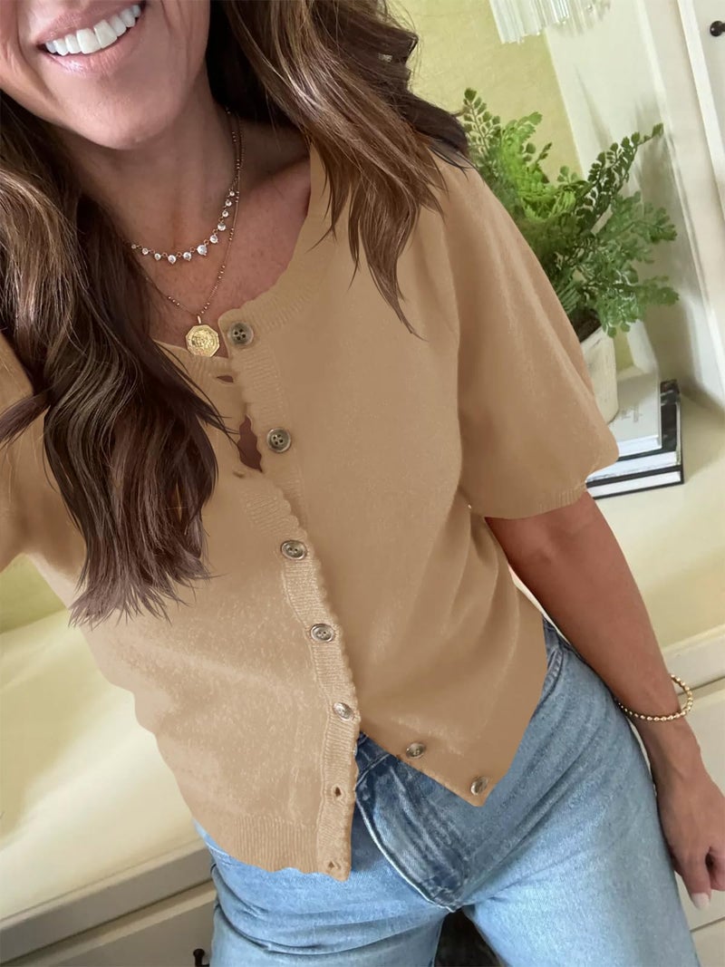 Saodimallsu Womens Puff Short Sleeve Cardigan Lightweight Summer Button Down Shirts Knit Crew Neck Sweater Tops Khaki - Image 3
