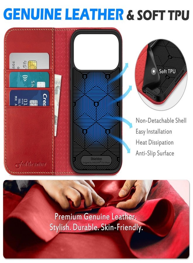 SHIELDON Genuine Leather Wallet Case for iPhone 17 Pro Max 6.9-inch, RFID Blocking, Card Holder, Kickstand, Magnetic, Shockproof TPU Shell, Protective, Strap Holes, Flip Cover - Retro Red - Image 3