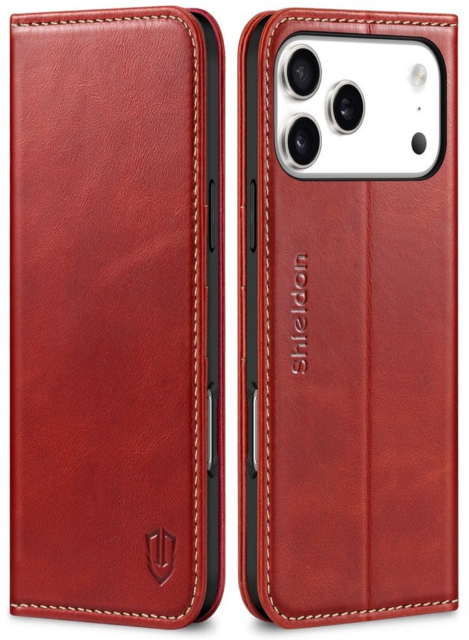 SHIELDON Genuine Leather Wallet Case for iPhone 17 Pro Max 6.9-inch, RFID Blocking, Card Holder, Kickstand, Magnetic, Shockproof TPU Shell, Protective, Strap Holes, Flip Cover - Retro Red - Image 1