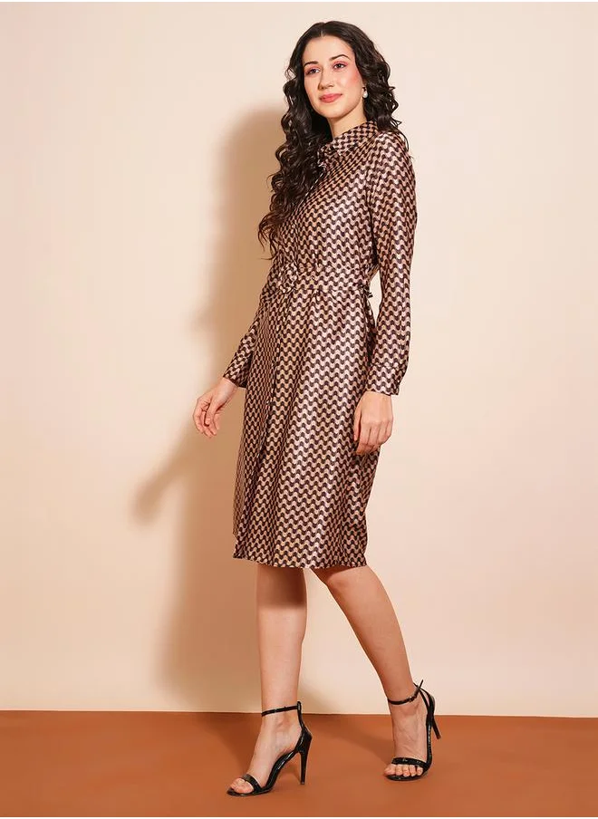 globus All-Over Print Spread Collar A-Line Shirt Midi Dress