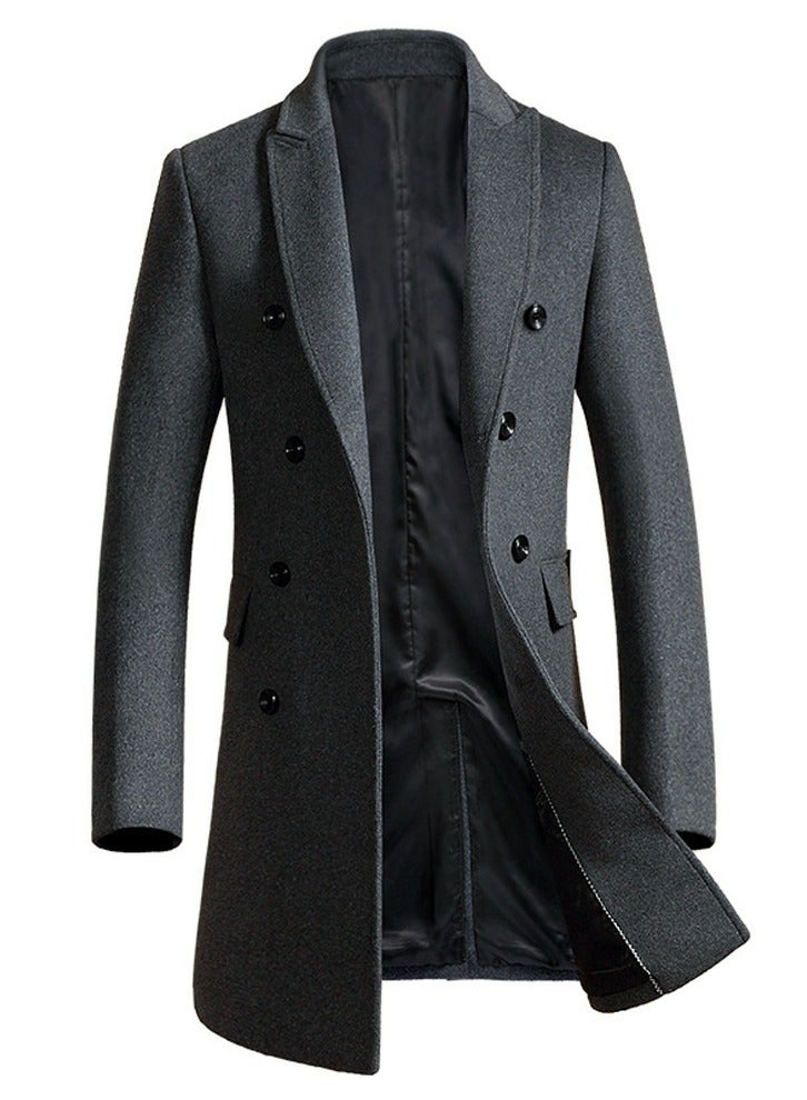 Loquat Men's Woolen Casual Coat Slim Fit Suit Collar Long Jacket Overcoat with Pockets Grey 