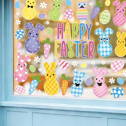 Feivando 8 Sheets Easter Window Clings Stickers Happy Easter Bunny Eggs Window Decals for Holiday Party Home Office Shop Glass Display Decoration - Image 1