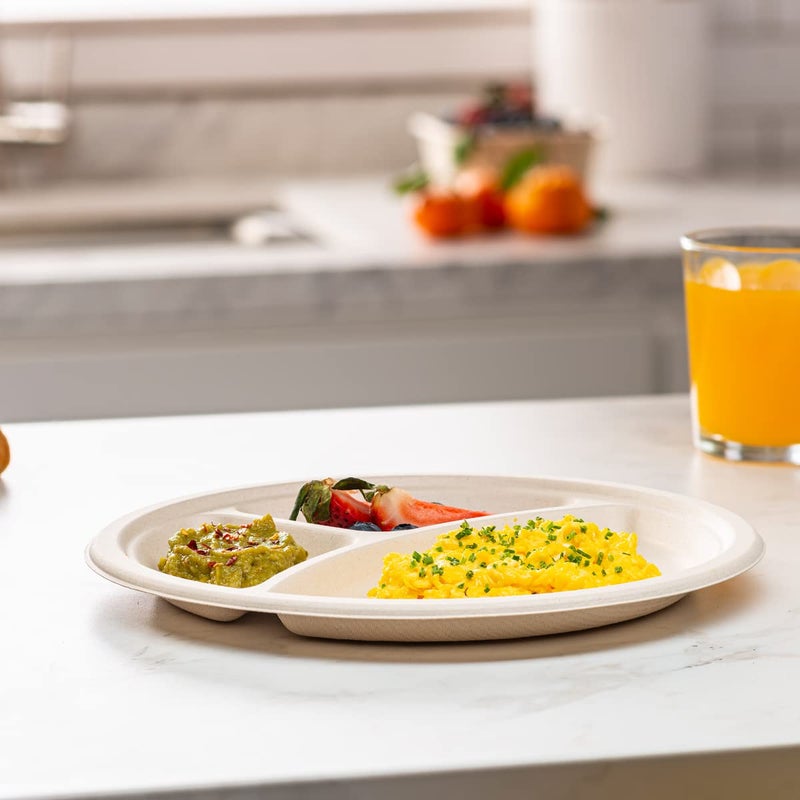 Comfy Package [10 Inch - 125 Count Heavy-Duty 100% Compostable Plates  3 Compartment Eco-Friendly  Kraft Disposable Sugarcane Paper Plates - Brown Unbleached - Image 5