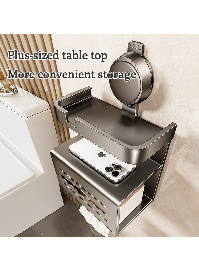 حامل ورق تواليت مع رف للهاتف، تصميم كأس شفط بدون حفر، حامل لفافات مناديل تواليت مثبت على الحائط، حامل ورق تواليت متعدد الوظائف مقاوم للصدأ وموزع تخزين للحمام باللون الرمادي - Image 3