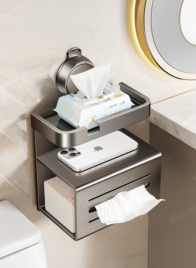 حامل ورق تواليت مع رف للهاتف، تصميم كأس شفط بدون حفر، حامل لفافات مناديل تواليت مثبت على الحائط، حامل ورق تواليت متعدد الوظائف مقاوم للصدأ وموزع تخزين للحمام باللون الرمادي - Image 1