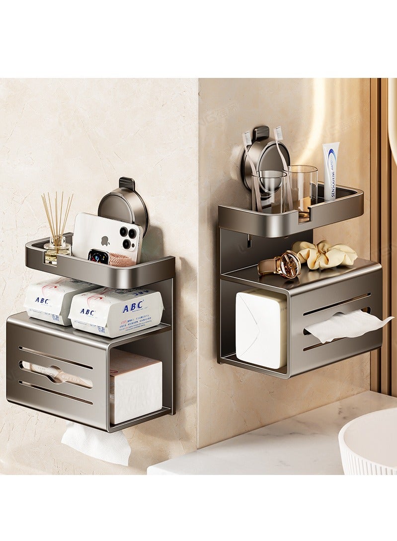 حامل ورق تواليت مع رف للهاتف، تصميم كأس شفط بدون حفر، حامل لفافات مناديل تواليت مثبت على الحائط، حامل ورق تواليت متعدد الوظائف مقاوم للصدأ وموزع تخزين للحمام باللون الرمادي - Image 2