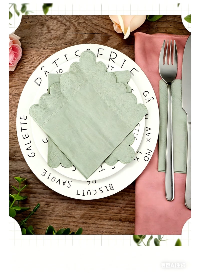 60 PCS Disposable Paper Party Napkins , Paper Towels for Party, Napkins 2-Ply Scalloped Edge Dessert Napkins (10x10 Inch, Green) Beverage Dessert Napkin Paper for Weddings,Dinner, Birthday Parties, Bridal Showers, events - Image 3