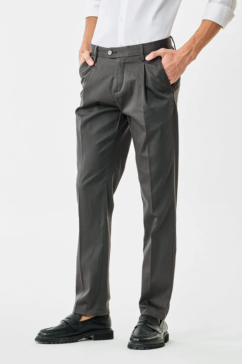 Snitch Grey Slim Fit Stretch Pleated Trousers for Men | Best Price UAE