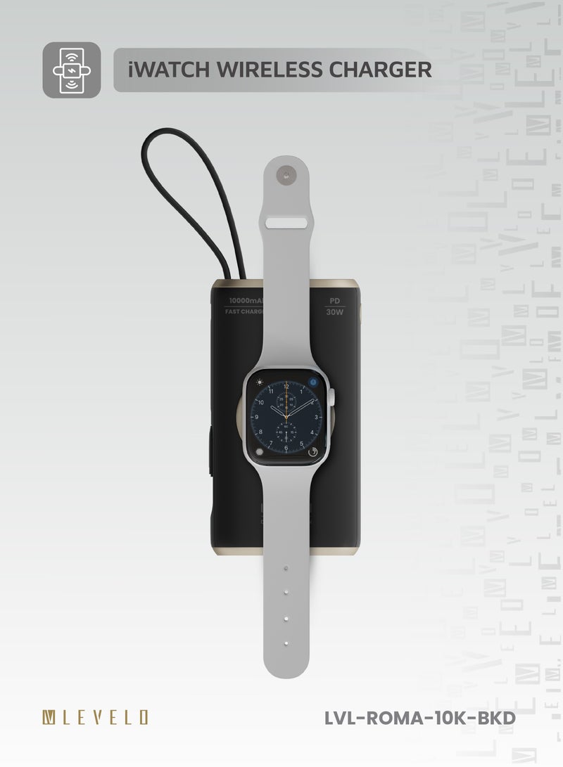 ليفيلو باور بانك روما 10000 مللي أمبير مع كابل مدمج وشاحن Apple Watch / تصميم صغير الحجم / شحن سريع / كابل قبضة / PD 30 وات / شحن متزامن - أسود - Image 3