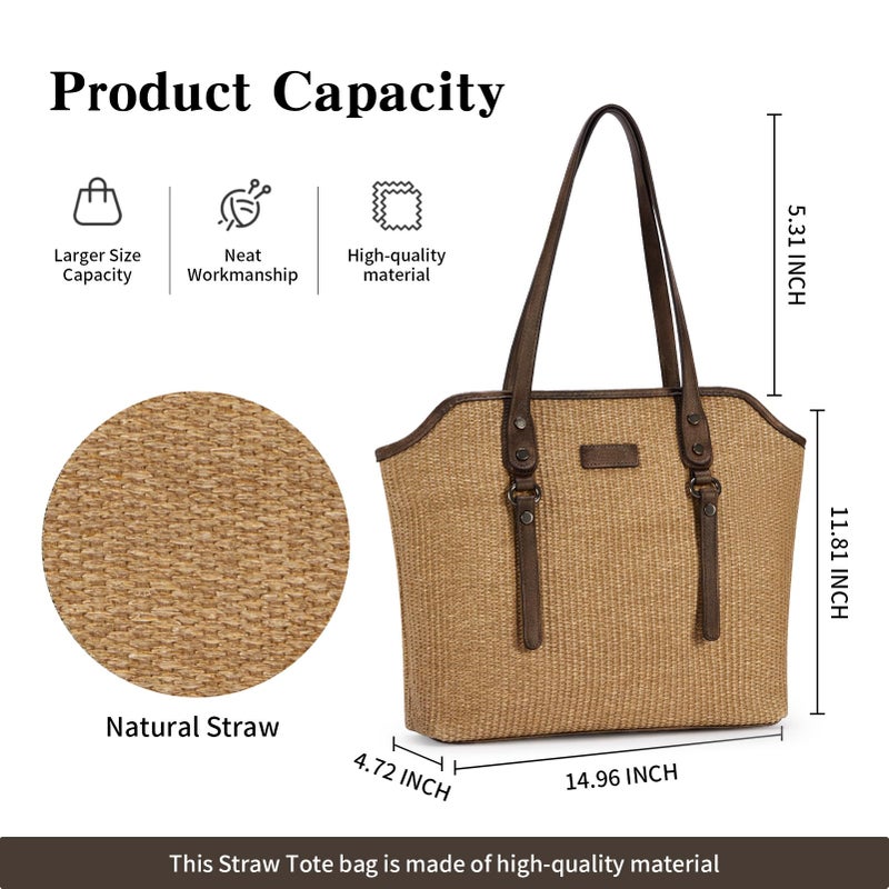 Blucoay Straw Tote Bag for Women,Tote Purses for Women With Zip Pockets,Summer Beach Bags Straw Shoulder Handbags for Daily Travel Shopping,Work(apricot) - Image 4