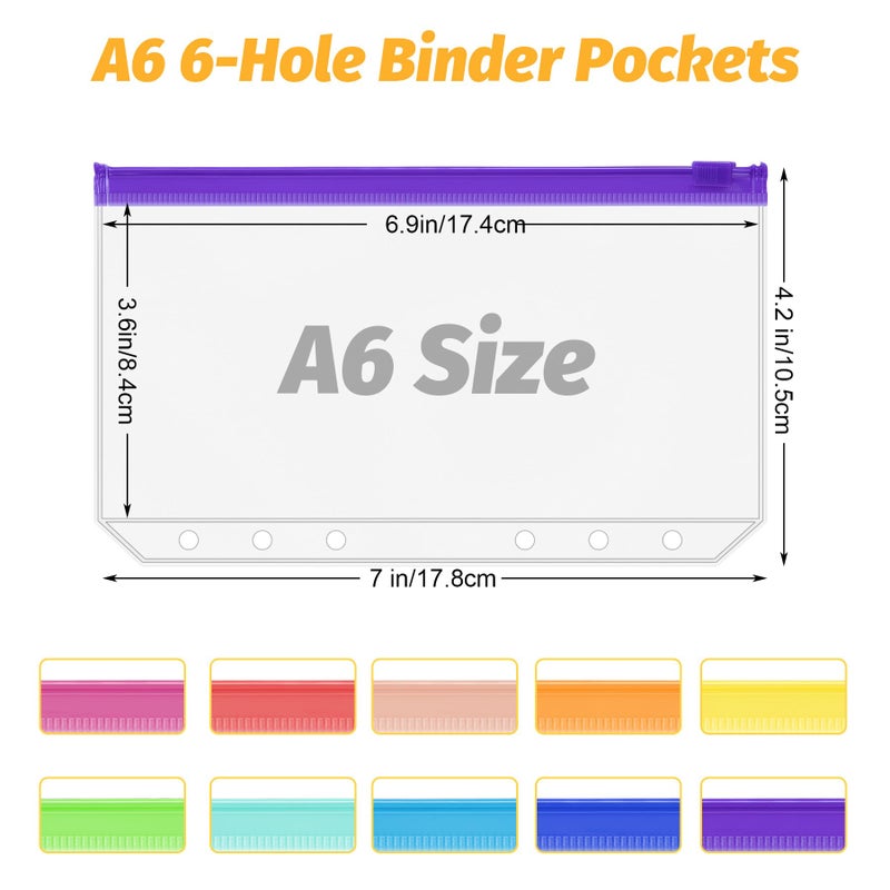 Antner 20PCS A6 Binder Pockets 6-Hole Budget Binder Inserts, 10 Assorted Color Zipper Pouch Folders Cash Stuffing Envelopes for Budgeting, Loose Leaf Filling Bags Money Organizer for A6 6-Ring Binders - Image 2