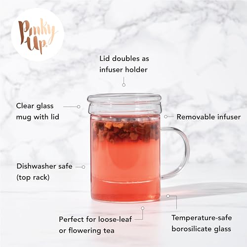 Pinky Up Blake Tea Infuser Mug with Lid, Glass Cups for Loose Leaf or Flowering Teas, Travel Mugs, Home Office, Picnic, Camping, 12 oz Set of 1, Clear - Image 2