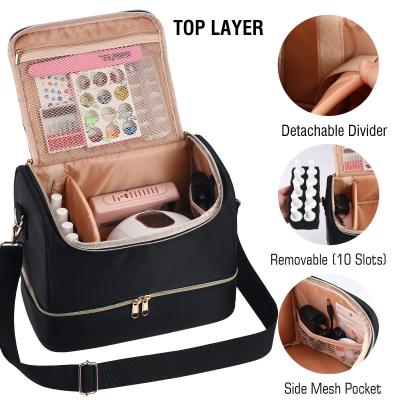 GR69N Nail Polish Organizer Case,Nail Polish Holder Holds 1 Nail Lamp & 50 Bottles,Travel Nail Tech Case,Waterproof Nail Kit Organizer Bag Fits Nail Supplies & Manicure Tools (Black) - Image 3