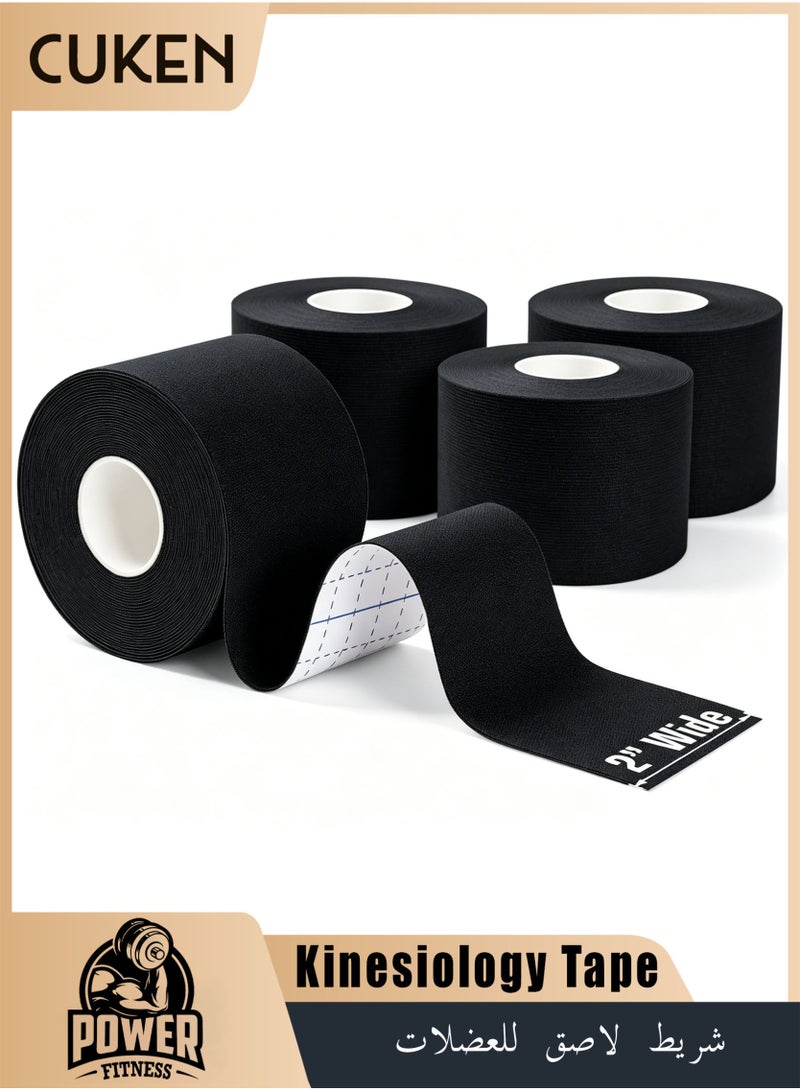 Cuken 4 Rolls Kinesiology Tape Waterproof Breathable Kinesio Tape, Athletic Elastic Kneepad Muscle Pain Relief Knee Taping Elastic Athletic Tape for Gym Fitness Running Tennis Swimming Football, Black - Image 1