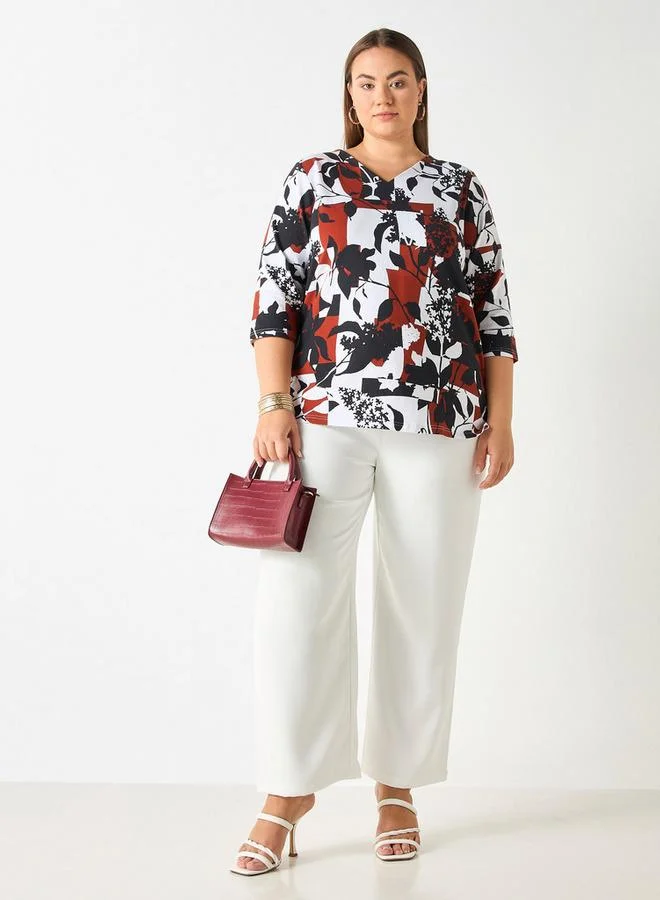 Ulla Popken Plus Size Ulla Popken Printed V-Neck Top with 3/4 Sleeves