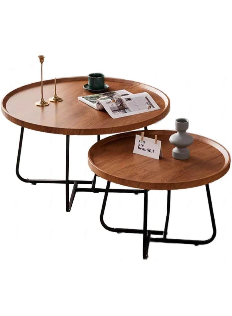 Decorhills Coffee Table Side Table With Round Wooden Tray Set Of 2 Iron Frame Snack Coffee Tea Table Rustic Accent Tables For Living Room Bedroom Office, Natural-Large - Image 1