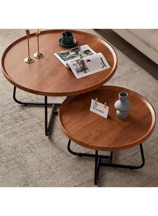 Decorhills Coffee Table Side Table With Round Wooden Tray Set Of 2 Iron Frame Snack Coffee Tea Table Rustic Accent Tables For Living Room Bedroom Office, Natural-Large - Image 3