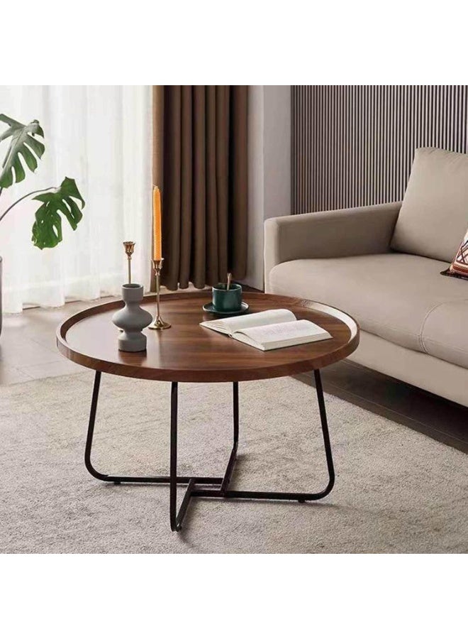 Decorhills Coffee Table Side Table With Round Wooden Tray Set Of 2 Iron Frame Snack Coffee Tea Table Rustic Accent Tables For Living Room Bedroom Office, Natural-Large - Image 2