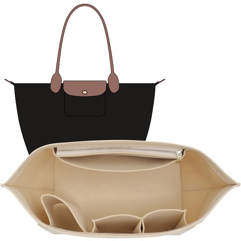 OAikor Felt Purse Organizer Insert for Longchamp Le Pliage L Tote Bag M Handbag Zipper Long Champ Bag Organizer Insert with Cup Holder Women Bags Divider Shaper with 8 Compartments BeigeL - Image 2