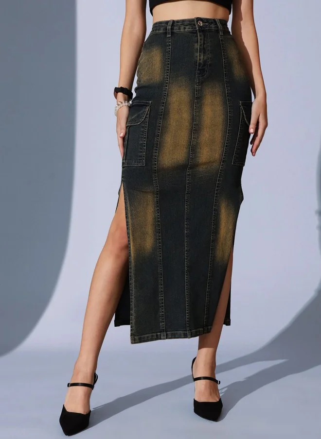 STREET 9 Black Dyed A-Line Midi Skirt for Women