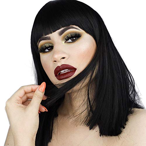morvally Short Straight Black Wig with Bangs Natural Looking Heat Resistant Hair Cosplay Costume Wigs (14 inches Natural Black) - Image 3