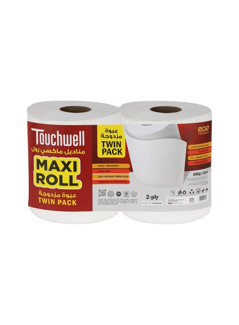Touchwell Maxi Roll 600g – 2-Ply Kitchen Towel Twin Pack | Super Absorbent, Strong & Multi-Purpose Cleaning Tissue Rolls - Image 1