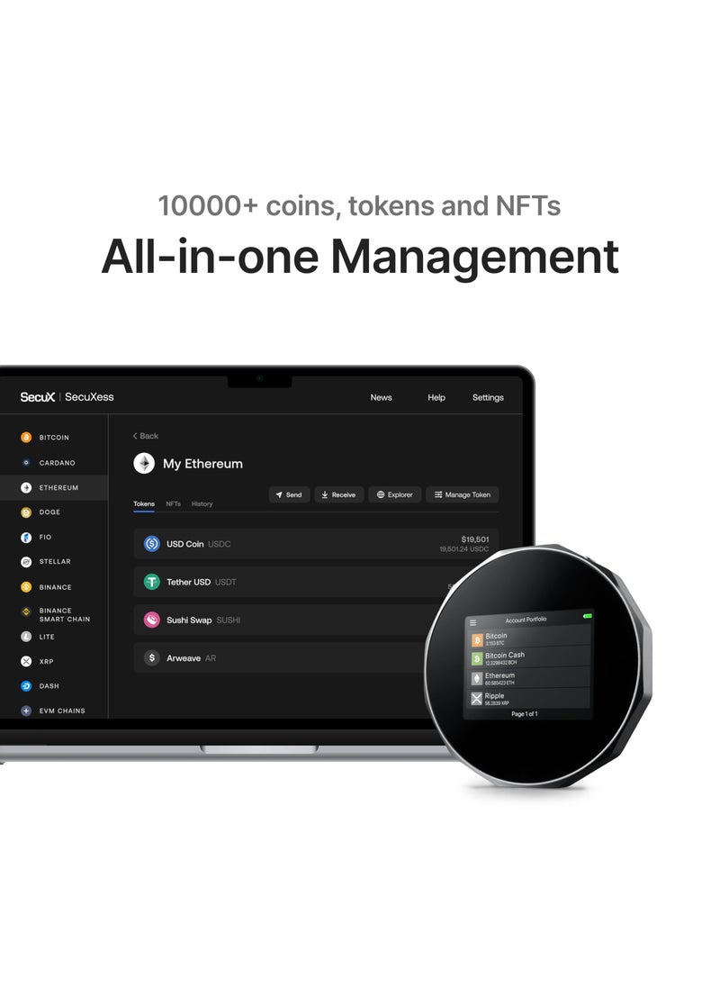 SecuX SecuX V20 - Most Secure Crypto Hardware Wallet w/Bluetooth & NFT Support - Cross Platform - Easily Manage Your Bitcoin, Ethereum, BTC, ETH, SOL, LTC, Doge, BNB, Dash, XLM, ERC20, BSC and More  - Image 4