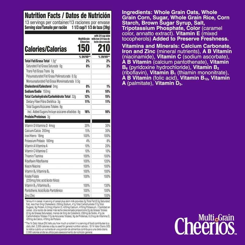 Cheerios Multi Grain Cheerios, Heart Healthy Breakfast Cereal, Gluten Free, Family Size, 18 oz - Image 2
