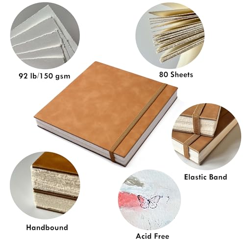 tumuarta Deckle Edge Paper Sketchbook, 92 LB, 150 GSM, 80 Sheets Mixed Media Paper, Acid Free, Handmade Journal Hardbound Sketch Book for Pencil, Ink, Markers, Acrylic and More (6" X 6") - Image 2