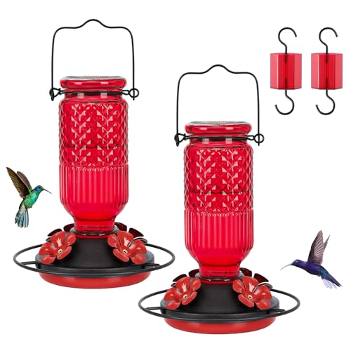 FEED GARDEN Glass Hummingbird Feeder for Outdoors Hanging, 16 OZ Humming Bird Feeders with 4 Bee Guard Feeding Ports & Built-in Ant Moat, Hummingbird Gifts for Mom Bird Feeder for Outside, Red,2 Pack - Image 1