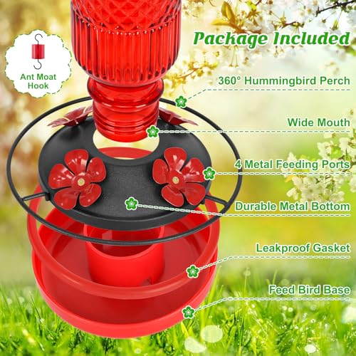 FEED GARDEN Glass Hummingbird Feeder for Outdoors Hanging, 16 OZ Humming Bird Feeders with 4 Bee Guard Feeding Ports & Built-in Ant Moat, Hummingbird Gifts for Mom Bird Feeder for Outside, Red,2 Pack - Image 3