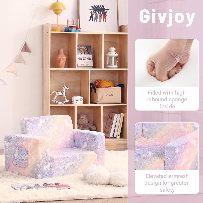 Givjoy أريكة أطفال كرسي الأطفال الصغار، أريكة أطفال مع جيوب جانبية 2 في 1 كرسي أطفال ذو ذراعين يتوهج في الظلام مع غطاء قابل للإزالة والغسل ومقبض حمل أريكة قراءة للأطفال لغرفة اللعب، حصان أرجواني - Image 5