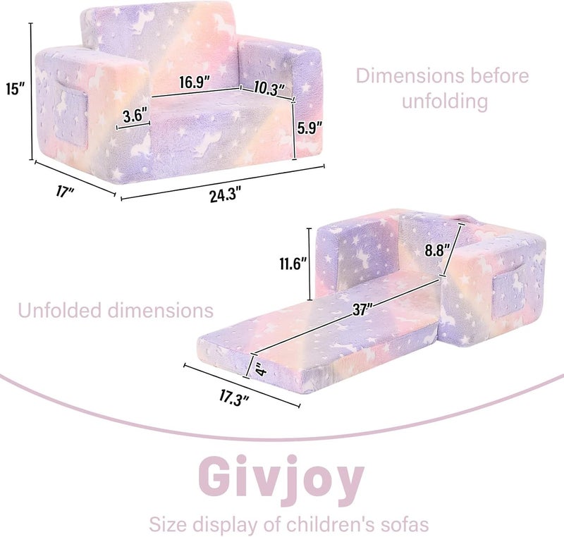 Givjoy أريكة أطفال كرسي الأطفال الصغار، أريكة أطفال مع جيوب جانبية 2 في 1 كرسي أطفال ذو ذراعين يتوهج في الظلام مع غطاء قابل للإزالة والغسل ومقبض حمل أريكة قراءة للأطفال لغرفة اللعب، حصان أرجواني - Image 3