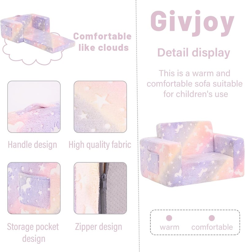 Givjoy أريكة أطفال كرسي الأطفال الصغار، أريكة أطفال مع جيوب جانبية 2 في 1 كرسي أطفال ذو ذراعين يتوهج في الظلام مع غطاء قابل للإزالة والغسل ومقبض حمل أريكة قراءة للأطفال لغرفة اللعب، حصان أرجواني - Image 4