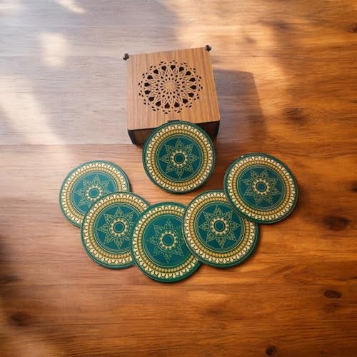 Tresneria Coasters, Set of 6, in Beautiful Green and Yellow Design with Gift Box | Dining Table Accessory | Round Shape | Diwali Gift | Corporate Gift | 4x4 inches, 5 mm Thick - Image 2