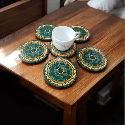Tresneria Coasters, Set of 6, in Beautiful Green and Yellow Design with Gift Box | Dining Table Accessory | Round Shape | Diwali Gift | Corporate Gift | 4x4 inches, 5 mm Thick - Image 1