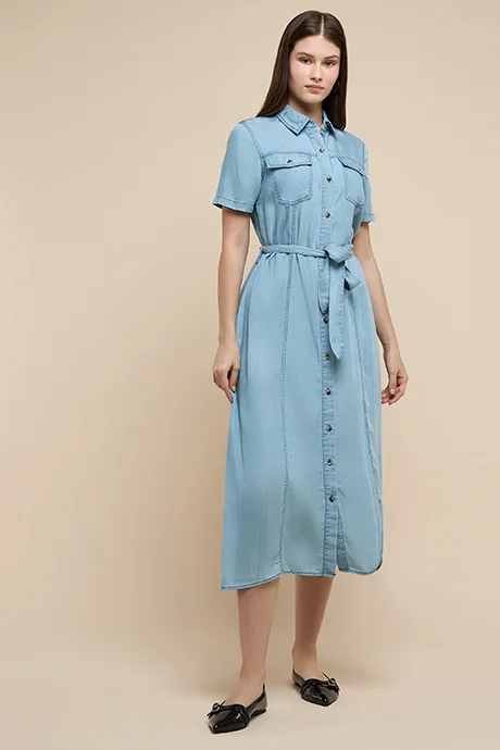 R&B Washed Denim Shirt Dress with Classic Collar and Short Sleeves