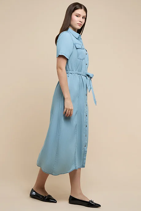 R&B Washed Denim Shirt Dress with Classic Collar and Short Sleeves